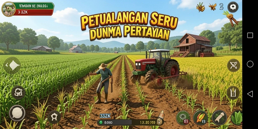 Screenshot 33ZK menampilkan ladang yang subur dan aktivitas bertani yang seru.