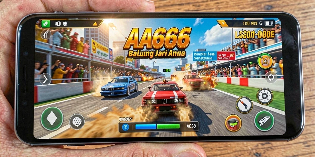 Gameplay seru AA666 dengan mobil balap melaju cepat.