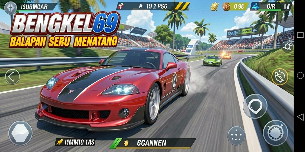Screenshot dari BENGKEL69 menunjukkan mobil balap yang melaju cepat di lintasan.