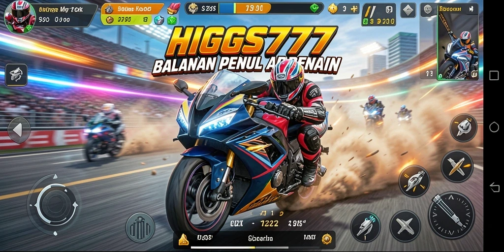 Screenshot utama HIGGS777 menampilkan aksi balapan motor yang mendebarkan.