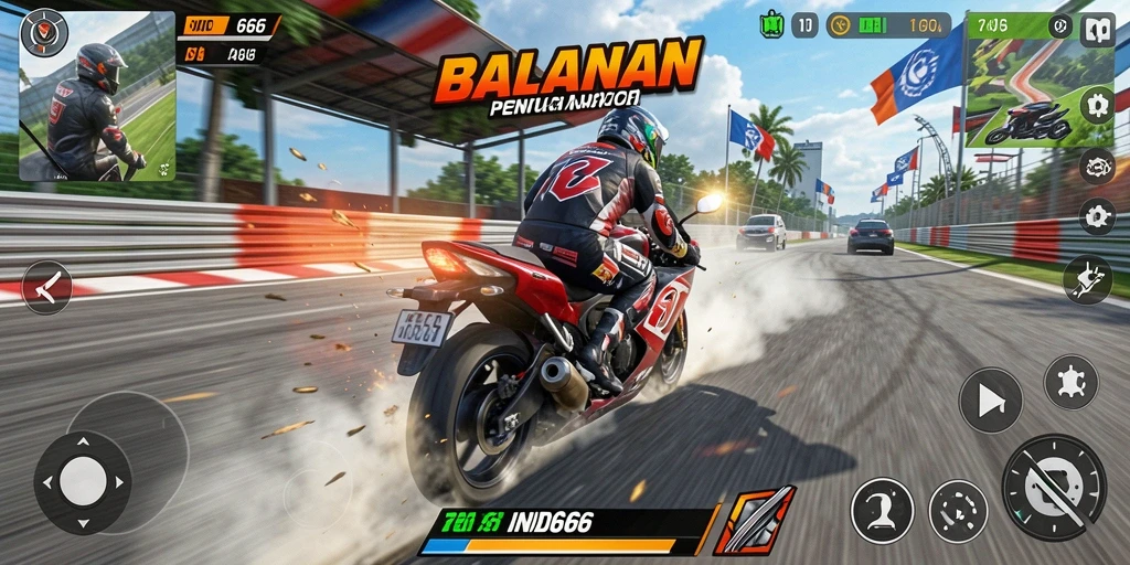 Screenshot gameplay IND666 dengan aksi balapan motor yang intens.