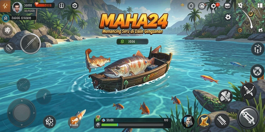 Tampilan gameplay MAHA24 dengan pemancing menangkap ikan di laut.