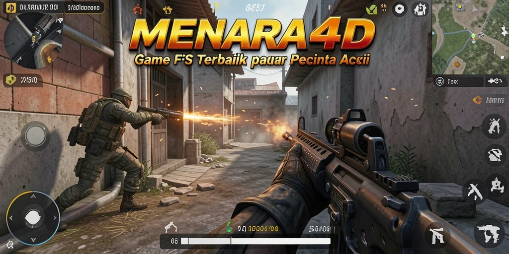 Screenshot MENARA4D menunjukkan aksi intense dalam permainan FPS.