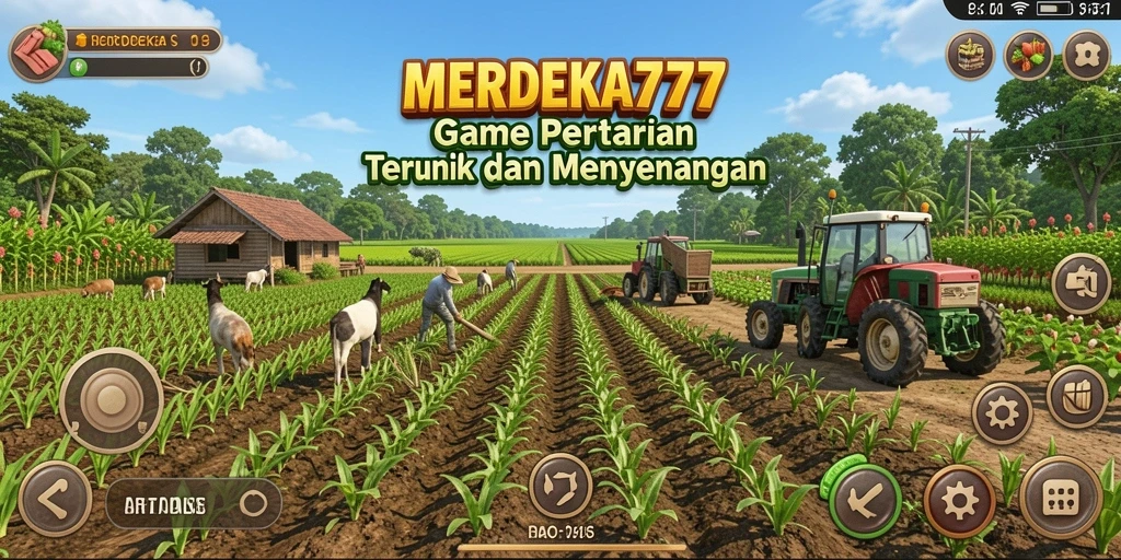 Screenshot gameplay MERDEKA777 menunjukkan suasana pertanian yang ceria dan aktif.