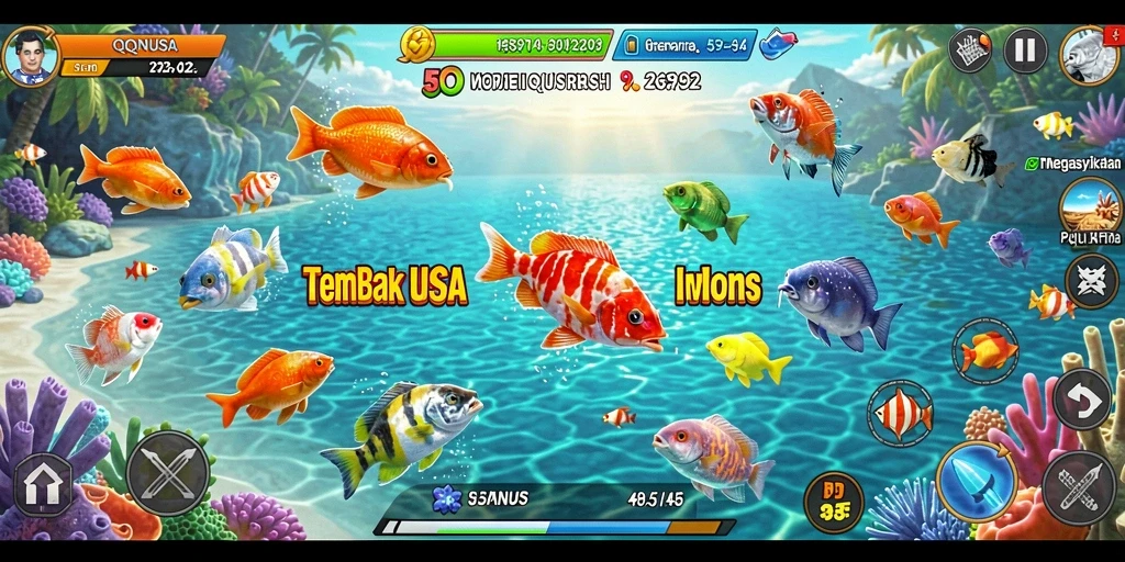 Screenshot utama QQNUSA menampilkan aksi menembak ikan yang seru.