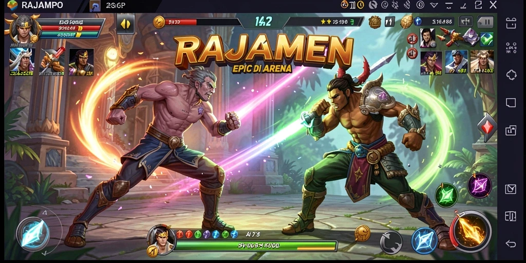 Tampilan gameplay RAJAMPO dengan pertarungan mendebarkan di arena.