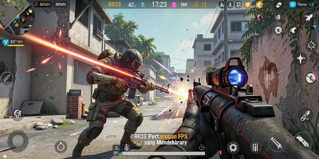 Screenshot gameplay RR33 menampilkan aksi tembak-menembak yang intens.