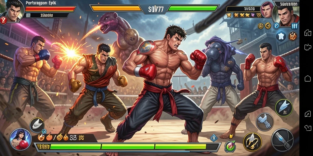 Screenshot gameplay SOV777 yang menunjukkan pertarungan sengit dengan karakter unik.
