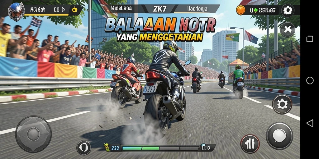 Screenshot gameplay ZK7 yang menampilkan balapan motor yang seru.